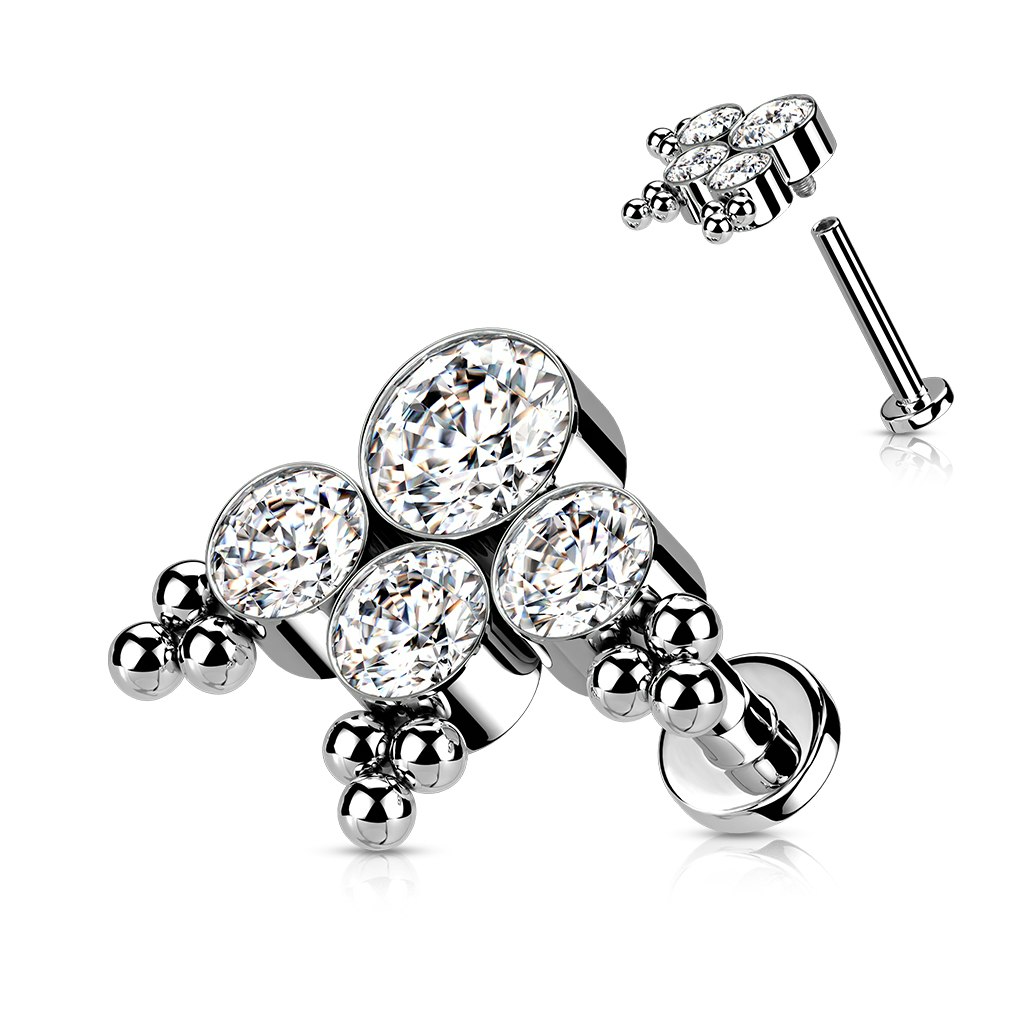 Labret / flat back piercing i titanium 1,2mm - Bollkluster med kubisk zirconia eller opal