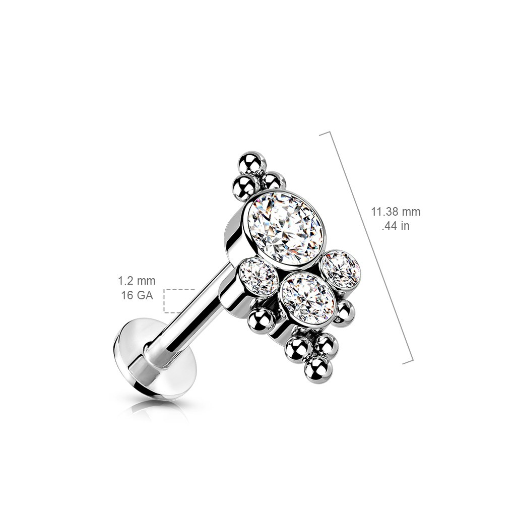 Labret / flat back 1,2mm i titanium treadless med bollkluster och kubisk zirconia