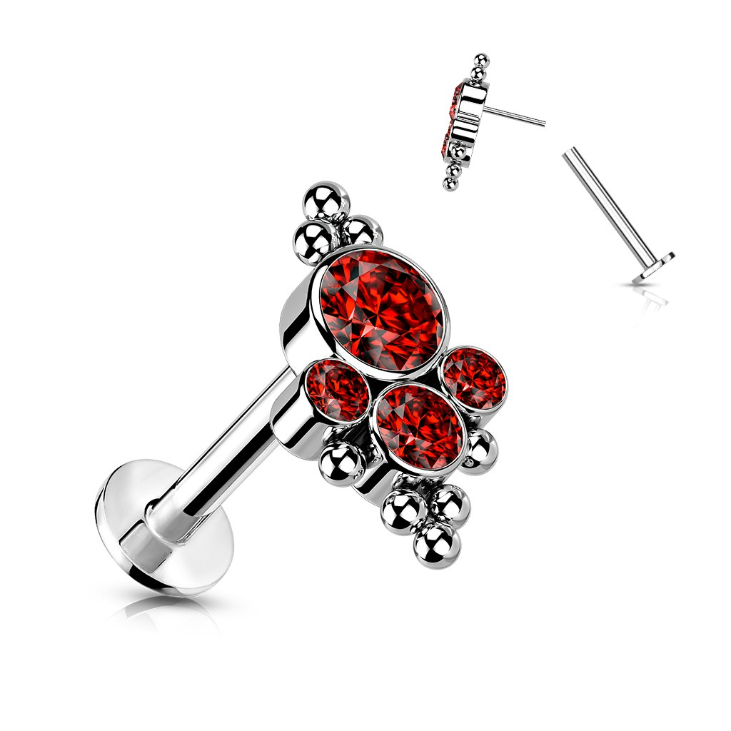 Labret / flat back 1,2mm i titanium treadless med bollkluster och kubisk zirconia