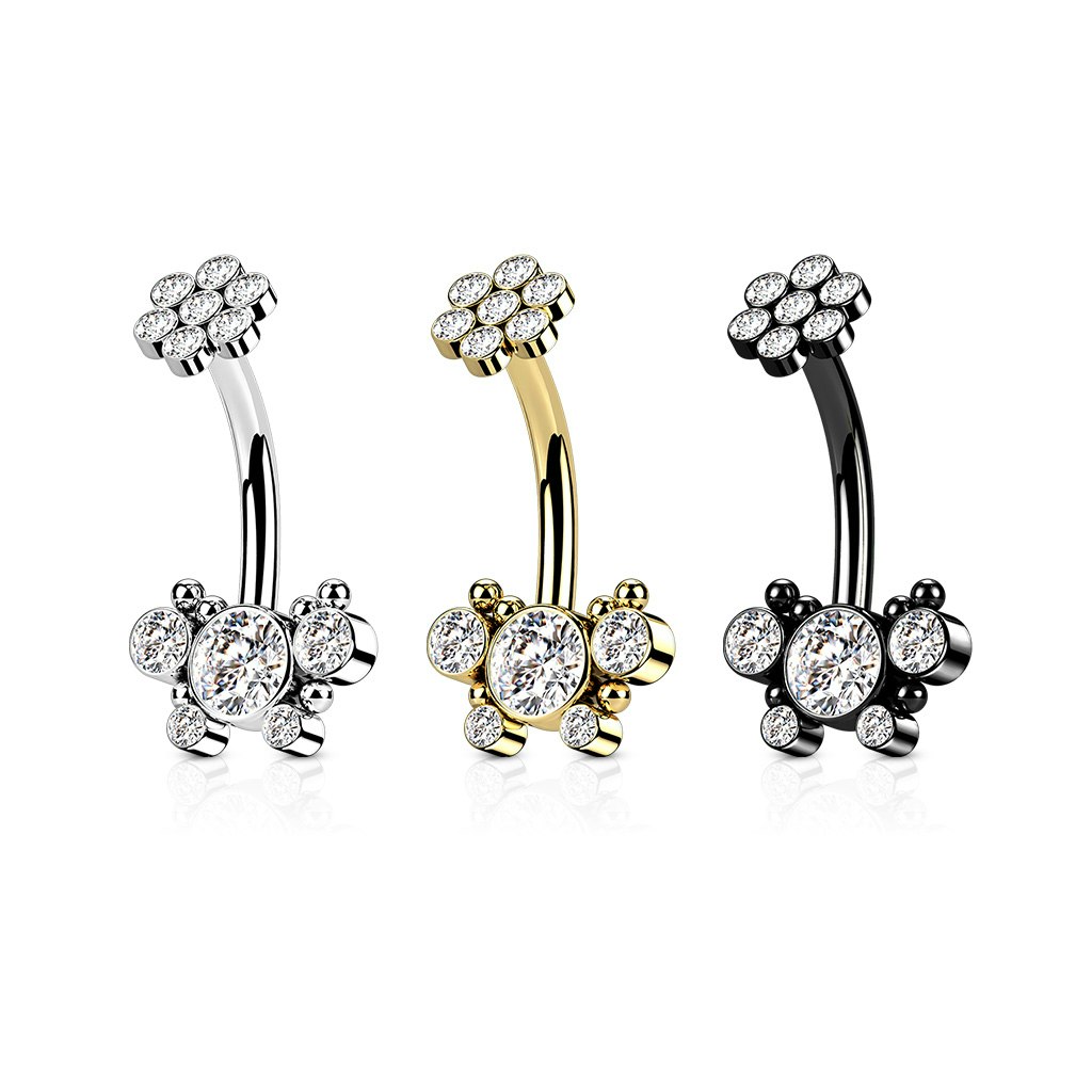 Navelsmycke i kirurgiskt stål 1,6mm invändigt gängad med kubisk zirconia blomma och fjäril