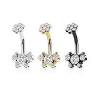 Navelsmycke i kirurgiskt stål 1,6mm invändigt gängad med kubisk zirconia blomma och fjäril