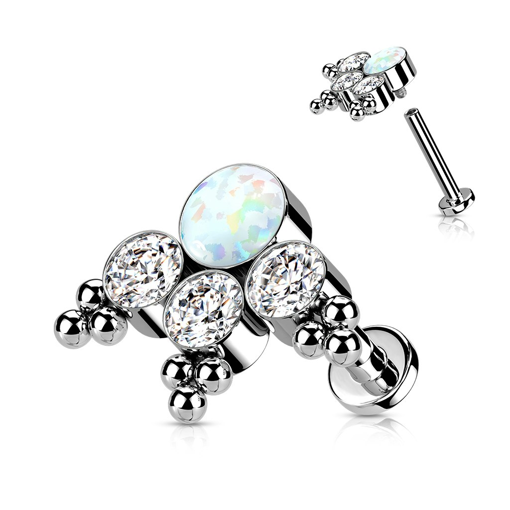 Labret / flat back piercing i titanium 1,2mm - Bollkluster med kubisk zirconia eller opal