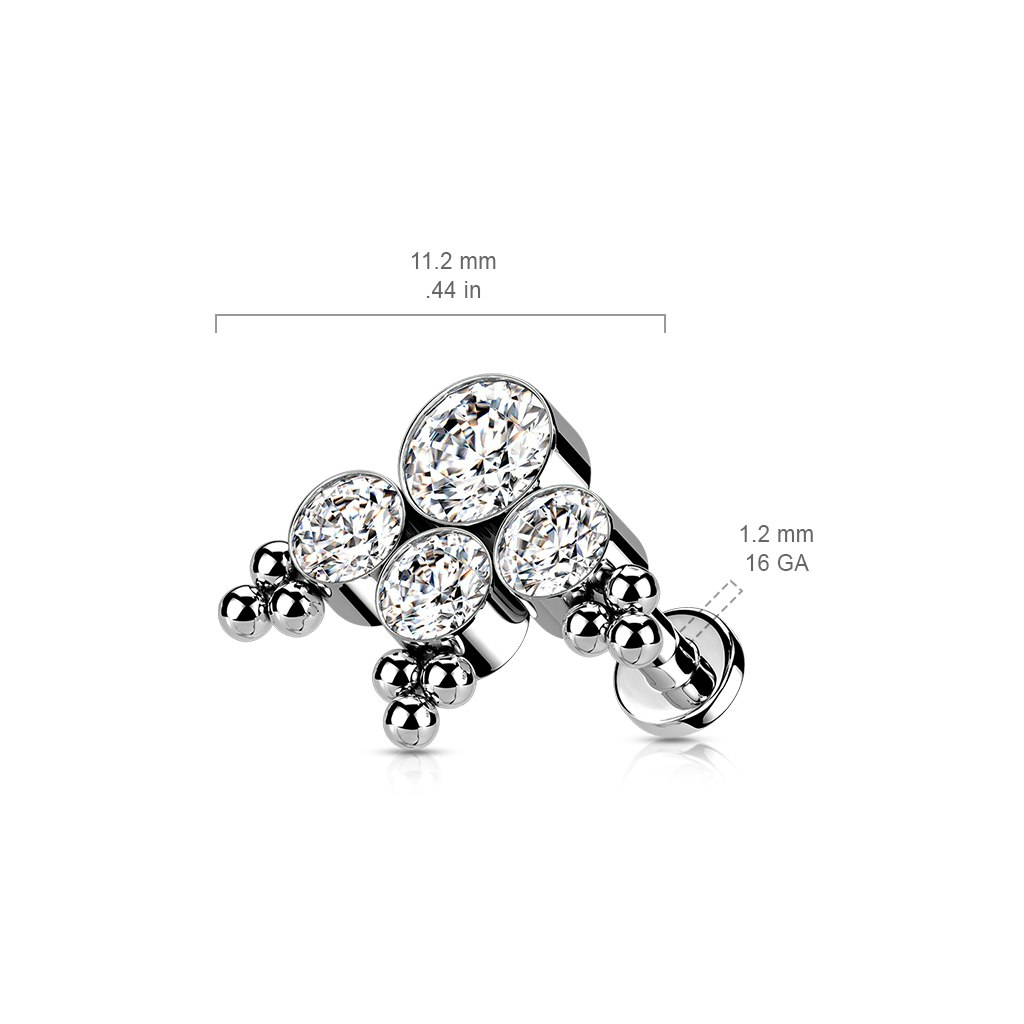 Labret / flat back piercing i titanium 1,2mm - Bollkluster med kubisk zirconia eller opal