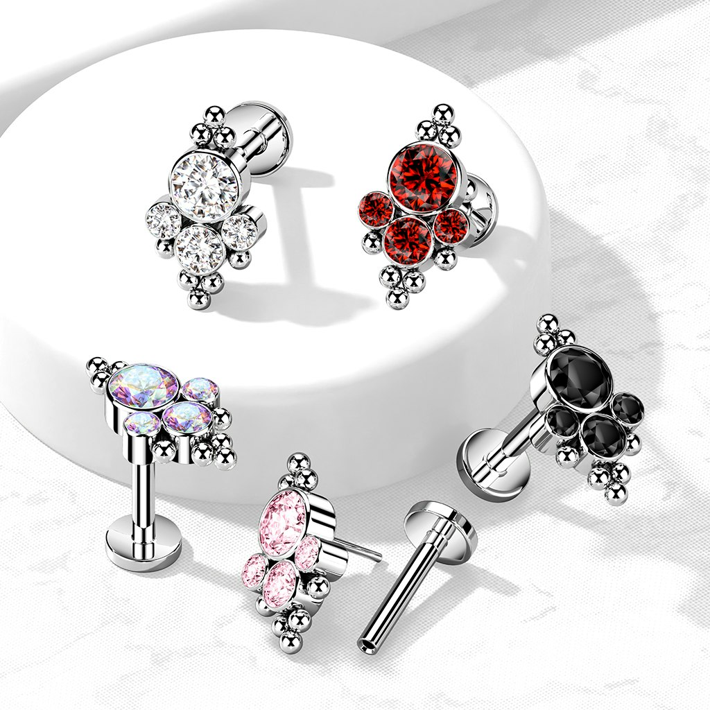 Labret / flat back 1,2mm i titanium treadless med bollkluster och kubisk zirconia