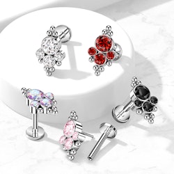 Labret / flat back 1,2mm i titanium treadless med bollkluster och kubisk zirconia