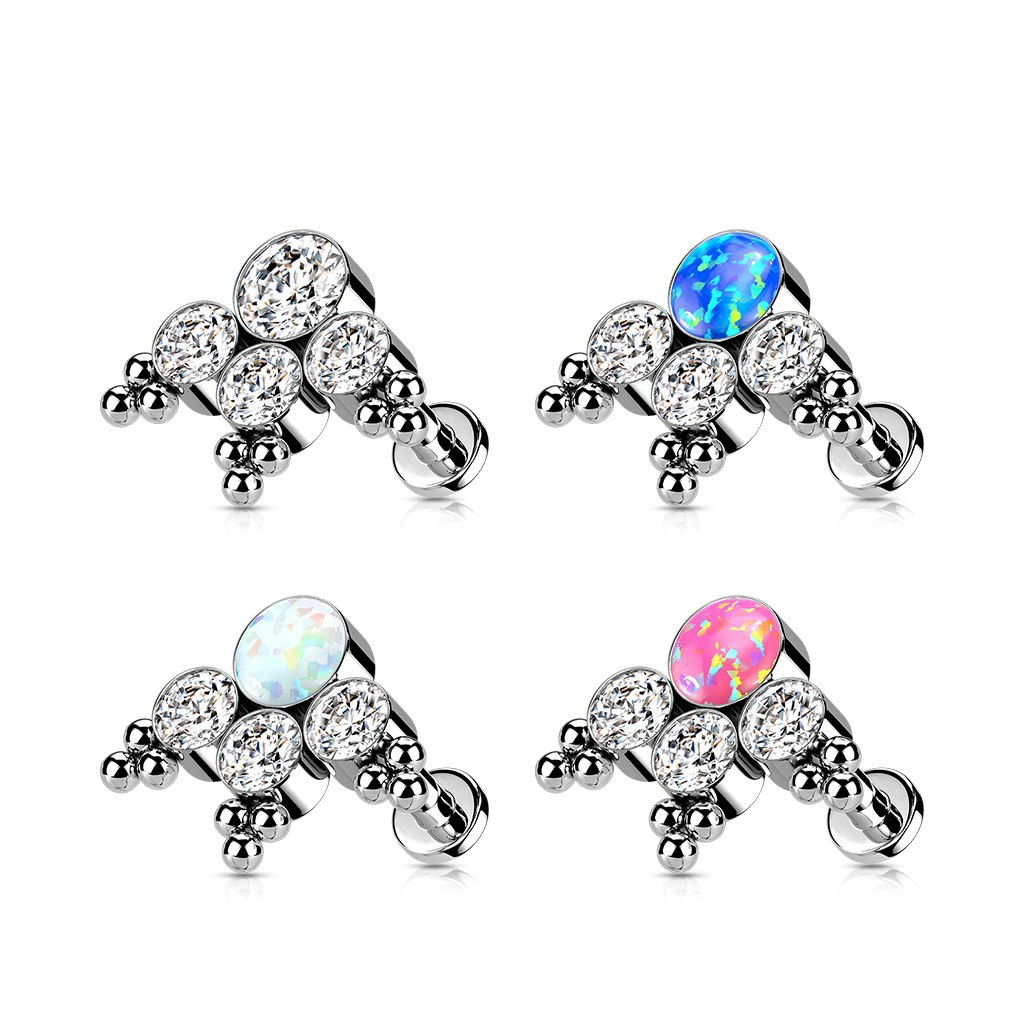 Labret / flat back piercing i titanium 1,2mm - Bollkluster med kubisk zirconia eller opal