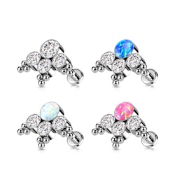 Labret / flat back piercing i titanium 1,2mm - Bollkluster med kubisk zirconia eller opal