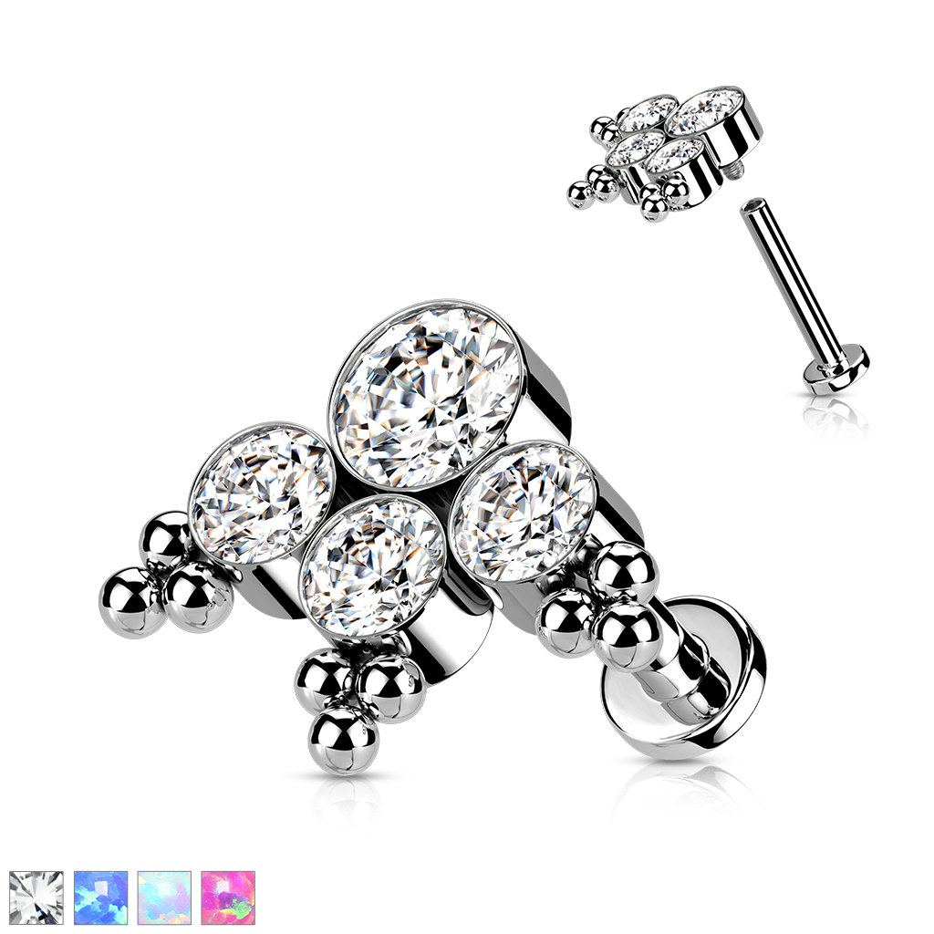 Labret / flat back piercing i titanium 1,2mm - Bollkluster med kubisk zirconia eller opal