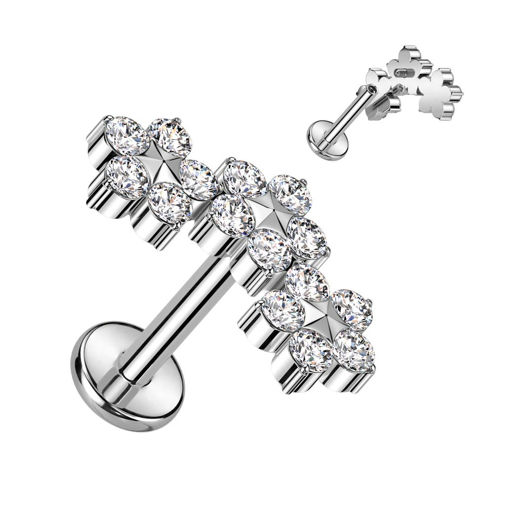 Labret / flat back piercing i titanium 1,2mm - Tre blommor med kubisk zirconia