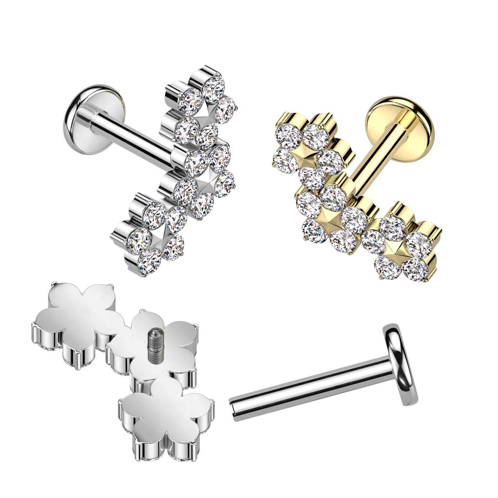 Labret / flat back piercing i titanium 1,2mm - Tre blommor med kubisk zirconia