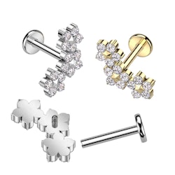 Labret / flat back piercing i titanium 1,2mm - Tre blommor med kubisk zirconia