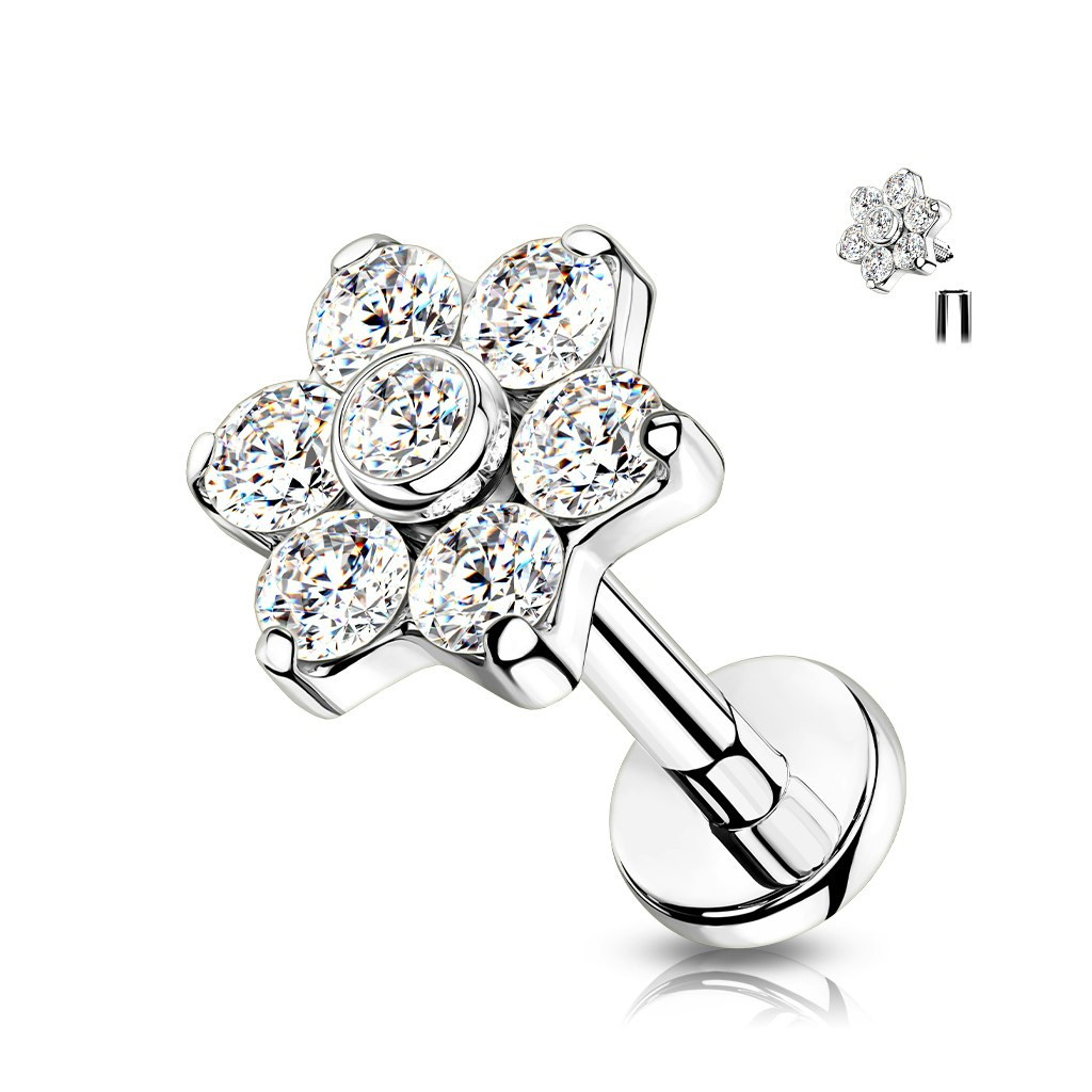 Labret / flat back piercing i titanium 1,2mm - Blomma med kubisk zirconia