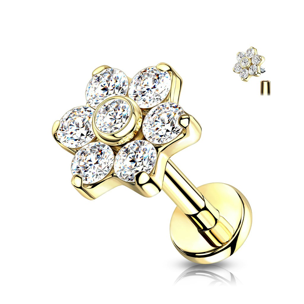 Labret / flat back piercing i titanium 1,2mm - Blomma med kubisk zirconia