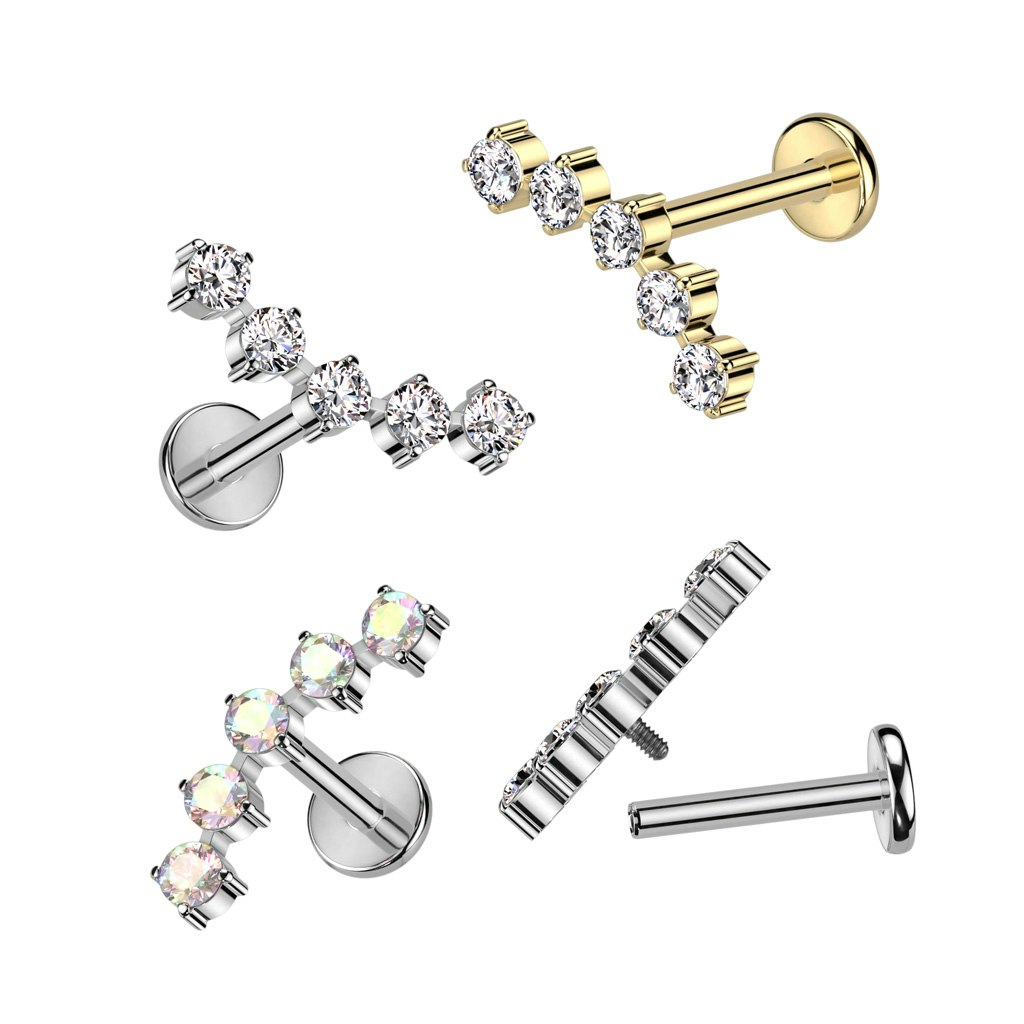 Labret / flat back piercing i titanium 1,2mm - Kurvad topp med fem kubisk zirconia
