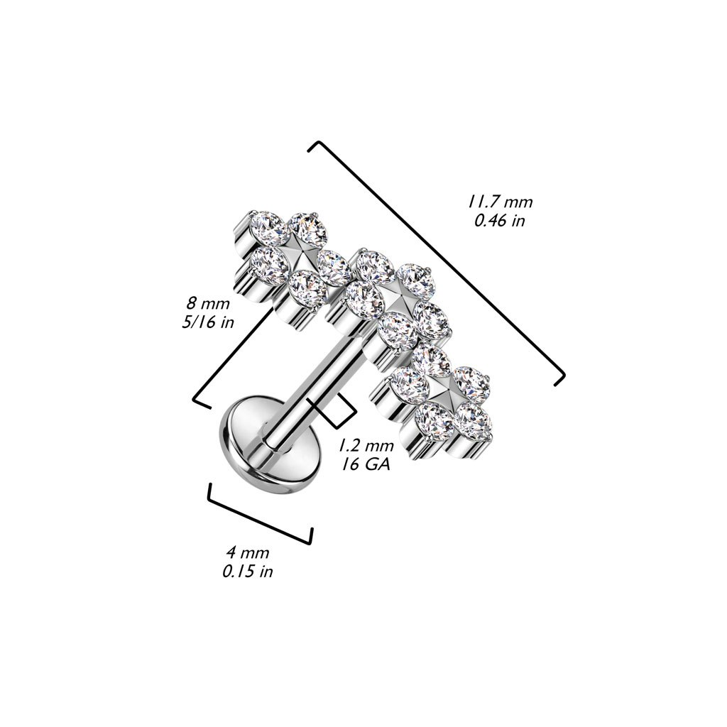 Labret / flat back piercing i titanium 1,2mm - Tre blommor med kubisk zirconia