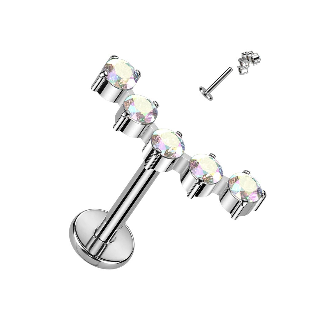 Labret / flat back piercing i titanium 1,2mm - Kurvad topp med fem kubisk zirconia