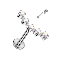 Labret / flat back piercing i titanium 1,2mm - Kurvad topp med fem kubisk zirconia