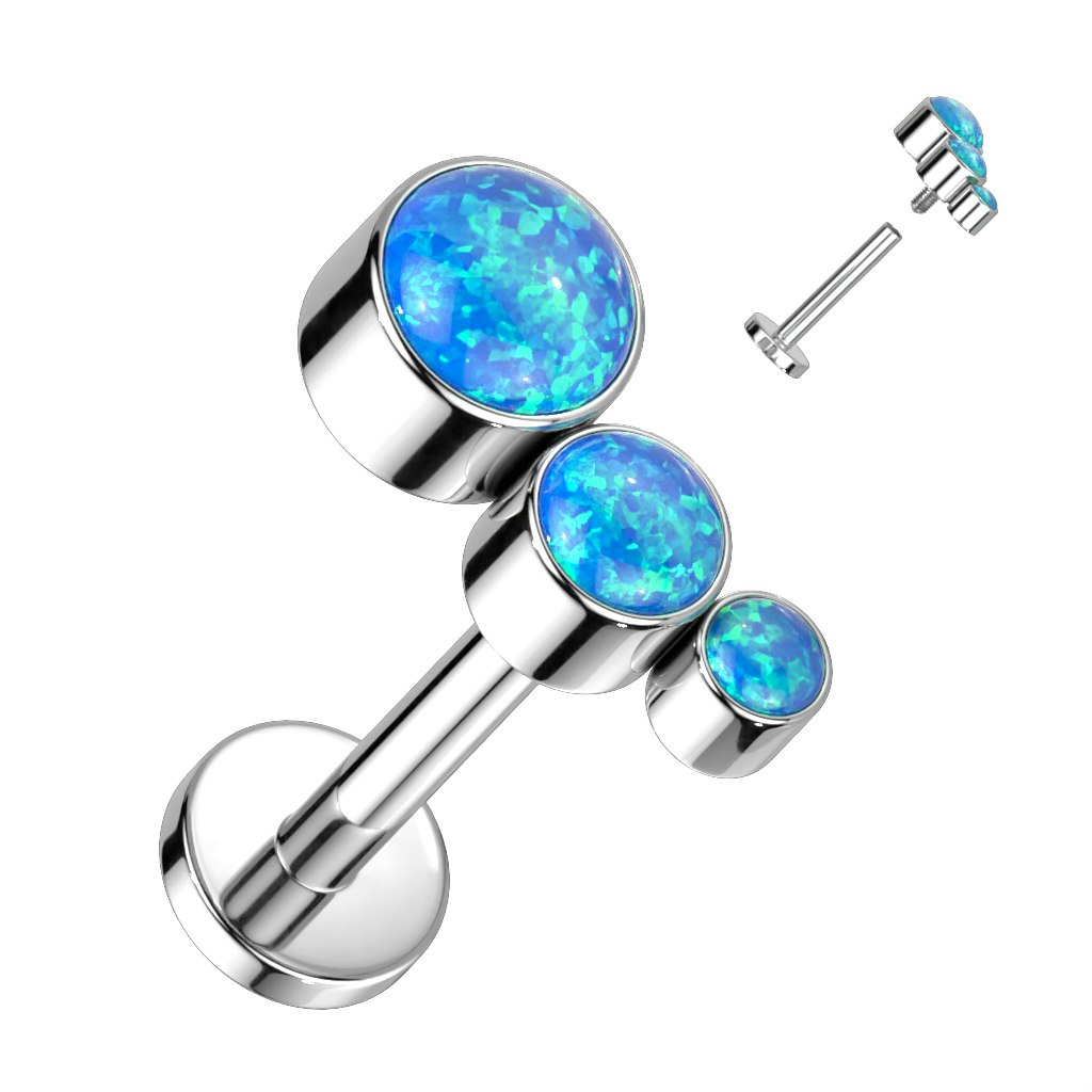Labret / flat back piercing i titanium 1,2mm - Topp med 3st opaler