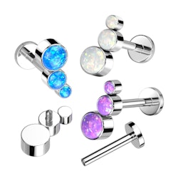 Labret / flat back piercing i titanium 1,2mm - Topp med 3st opaler