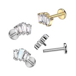 Labret / flat back piercing i titanium 1,2mm - Tre baguetteslipade kubisk zirconia / opal