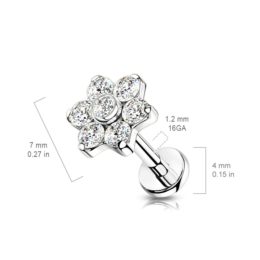 Labret / flat back piercing i titanium 1,2mm - Blomma med kubisk zirconia