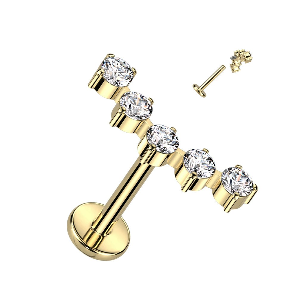 Labret / flat back piercing i titanium 1,2mm - Kurvad topp med fem kubisk zirconia