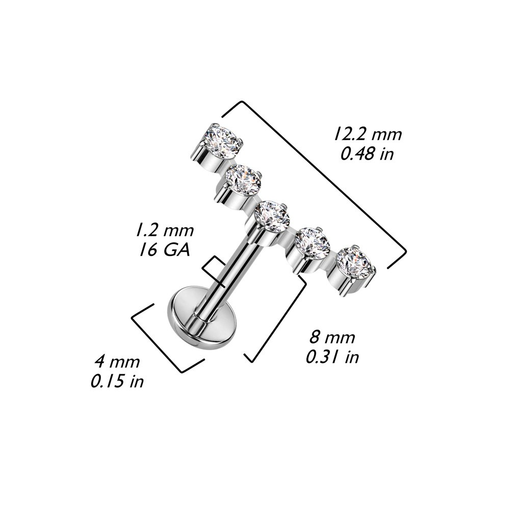 Labret / flat back piercing i titanium 1,2mm - Kurvad topp med fem kubisk zirconia