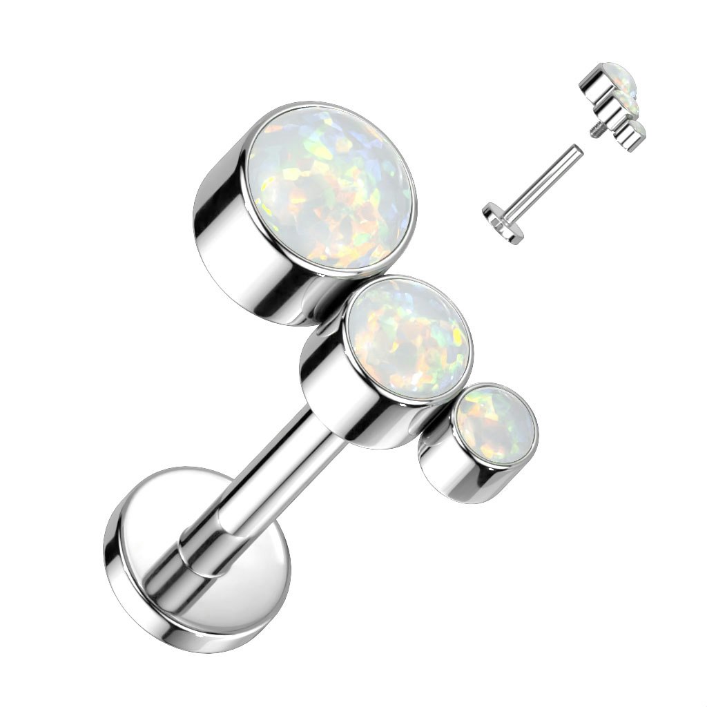 Labret / flat back piercing i titanium 1,2mm - Topp med 3st opaler