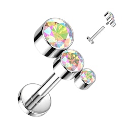 Labret / flat back piercing i titanium 1,2mm - Topp med tre kubisk zirconia
