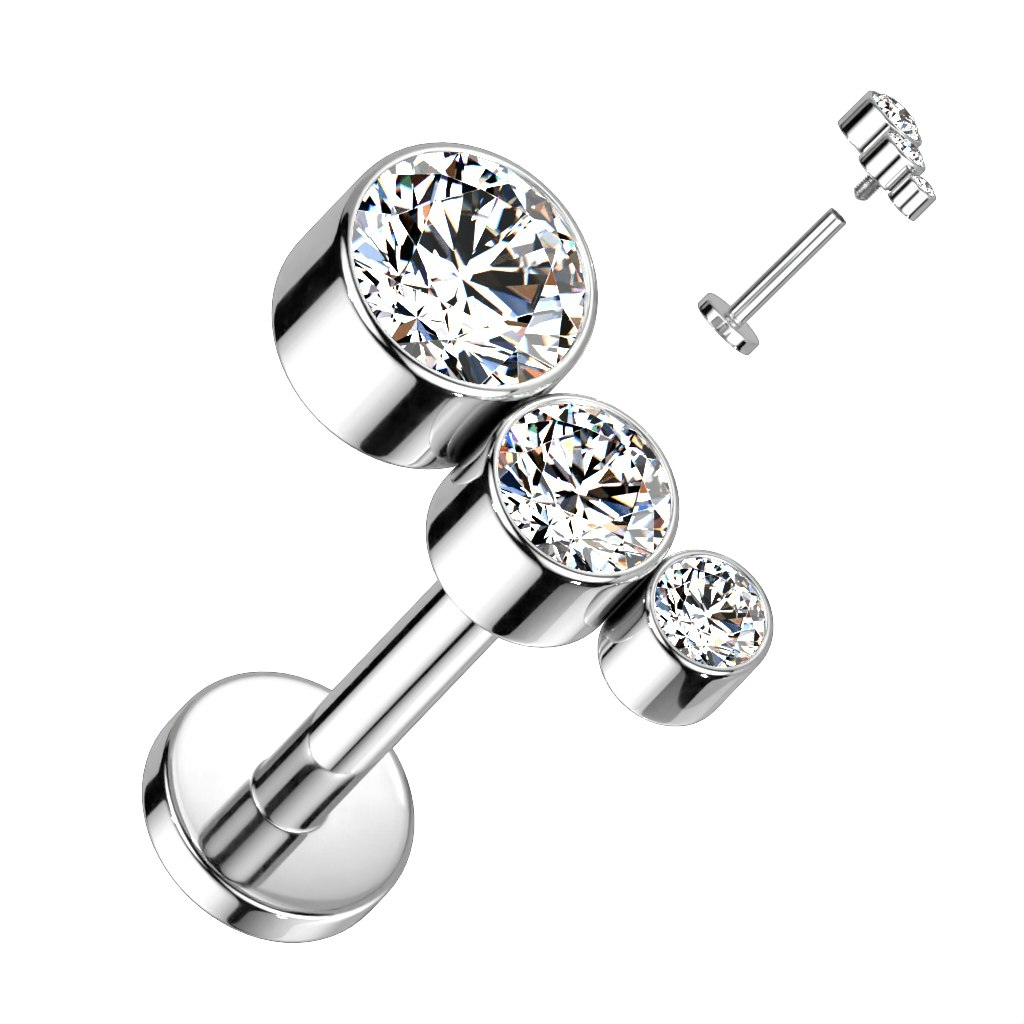 Labret / flat back piercing i titanium 1,2mm - Topp med tre kubisk zirconia