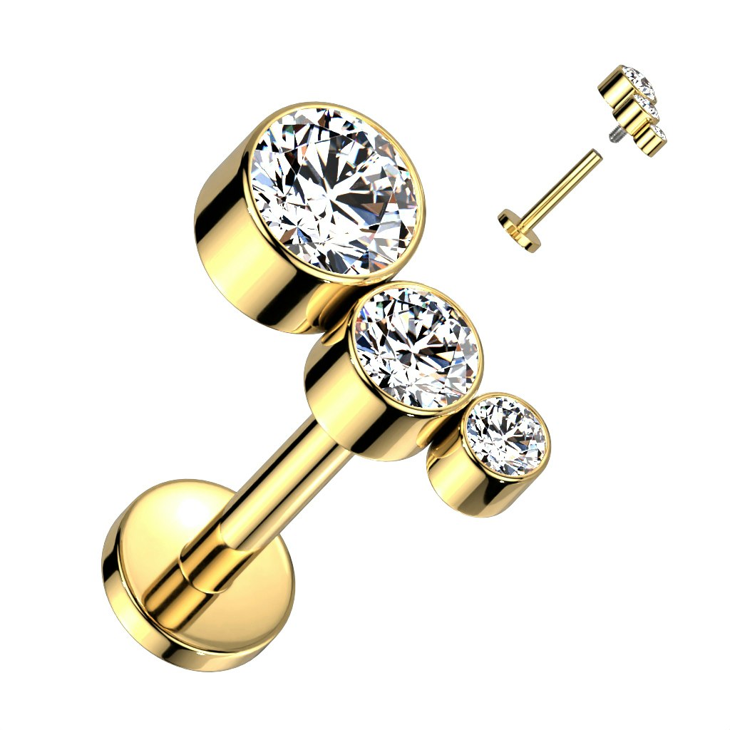 Labret / flat back piercing i titanium 1,2mm - Topp med tre kubisk zirconia