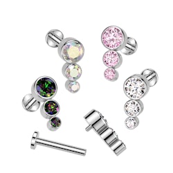 Labret / flat back piercing i titanium 1,2mm - Tre kubisk zirconia i ökande storlek