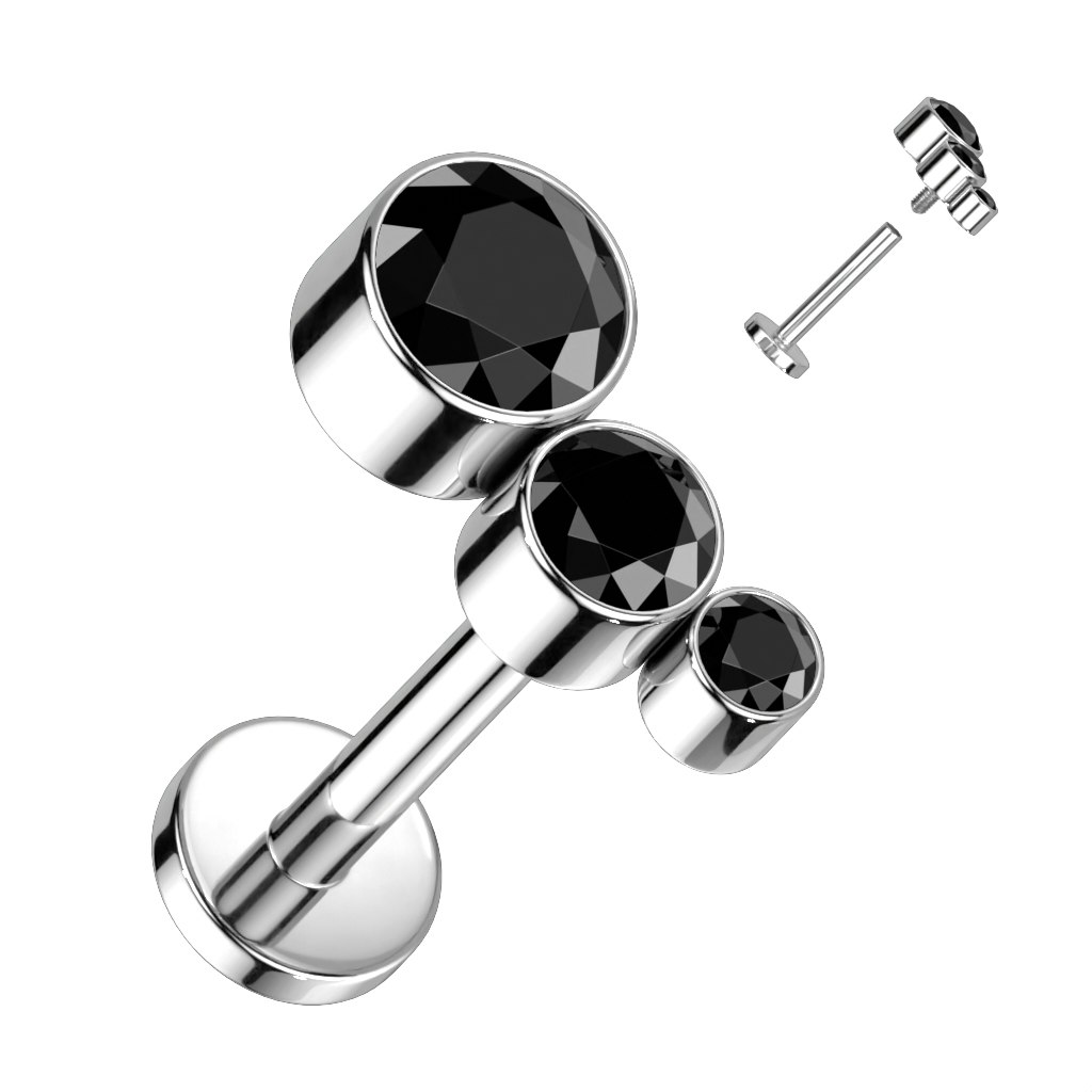 Labret / flat back piercing i titanium 1,2mm - Topp med tre kubisk zirconia