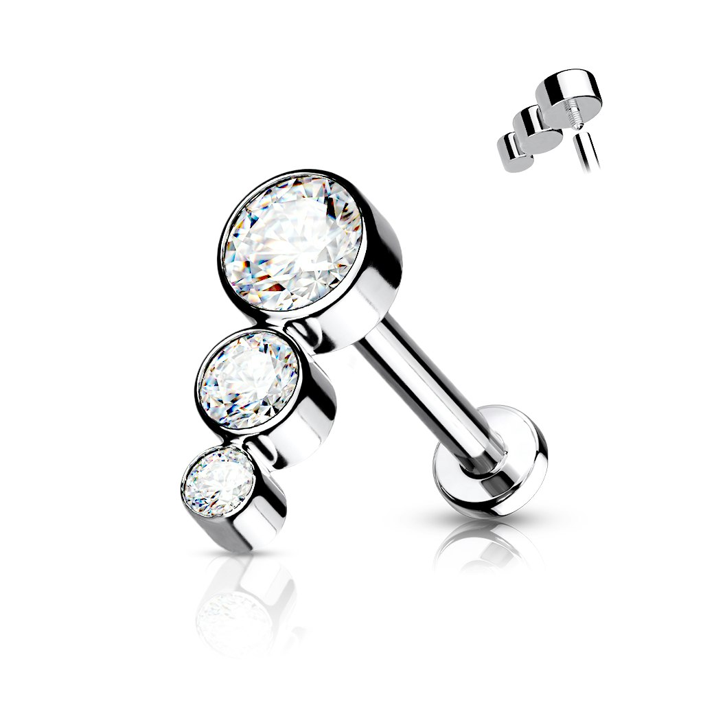 Labret / flat back piercing i titanium 1,2mm - Tre kubisk zirconia i ökande storlek