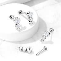 Labret / flat back piercing i titanium 1,2mm - Tre kubisk zirconia i ökande storlek