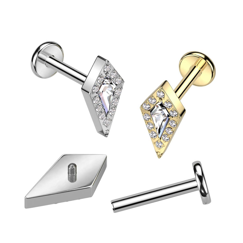 Labret / flat back piercing i titanium 1,2mm - Spjutspets topp med kubisk zirconia