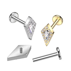 Labret / flat back piercing i titanium 1,2mm - Spjutspets topp med kubisk zirconia