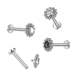 Labret / flat back piercing i titanium 1,2mm - Blomma med kubisk zirconia