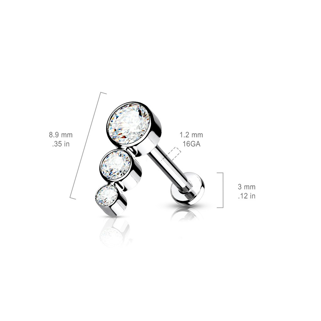 Labret / flat back piercing i titanium 1,2mm - Tre kubisk zirconia i ökande storlek