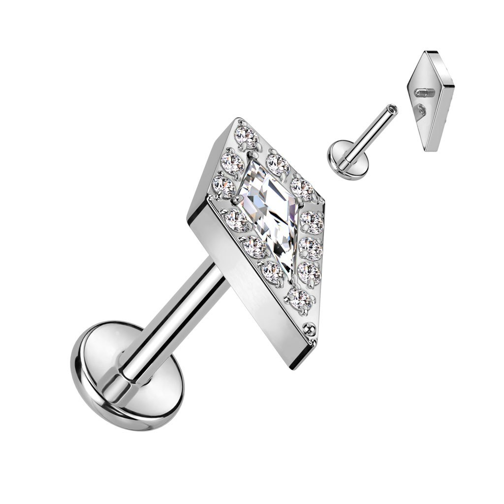 Labret / flat back piercing i titanium 1,2mm - Spjutspets topp med kubisk zirconia