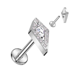 Labret / flat back piercing i titanium 1,2mm - Spjutspets topp med kubisk zirconia