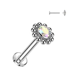 Labret / flat back piercing i titanium 1,2mm - Blomma med kubisk zirconia