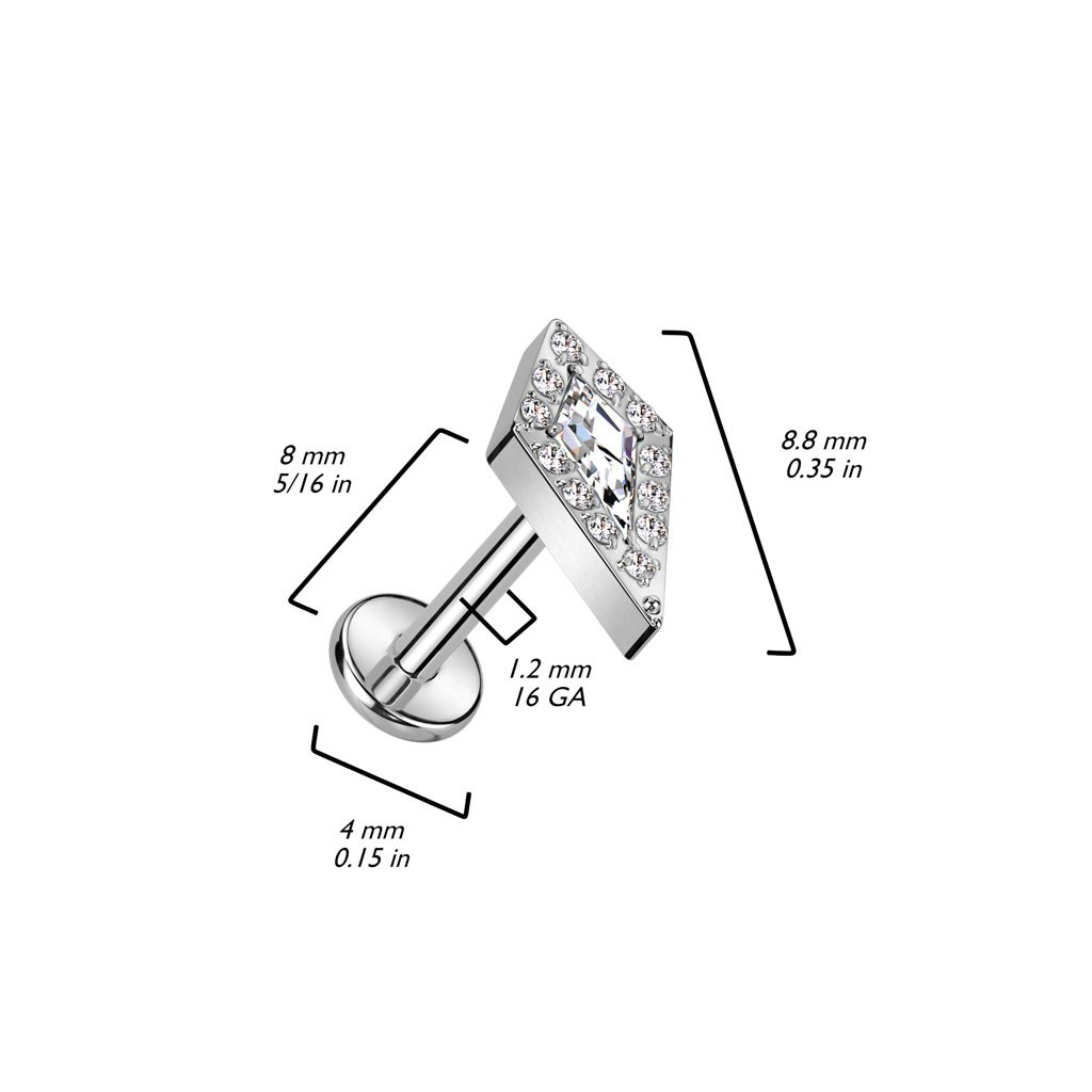 Labret / flat back piercing i titanium 1,2mm - Spjutspets topp med kubisk zirconia