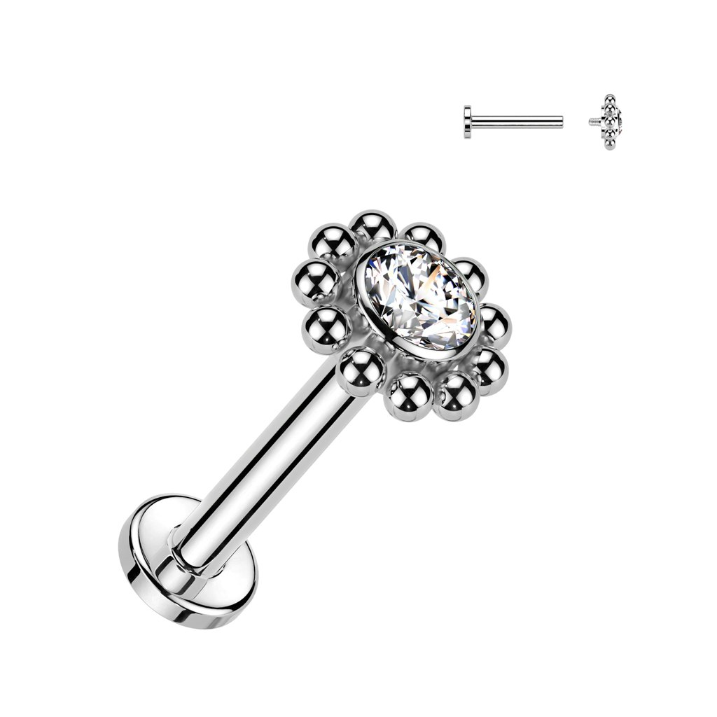 Labret / flat back piercing i titanium 1,2mm - Blomma med kubisk zirconia