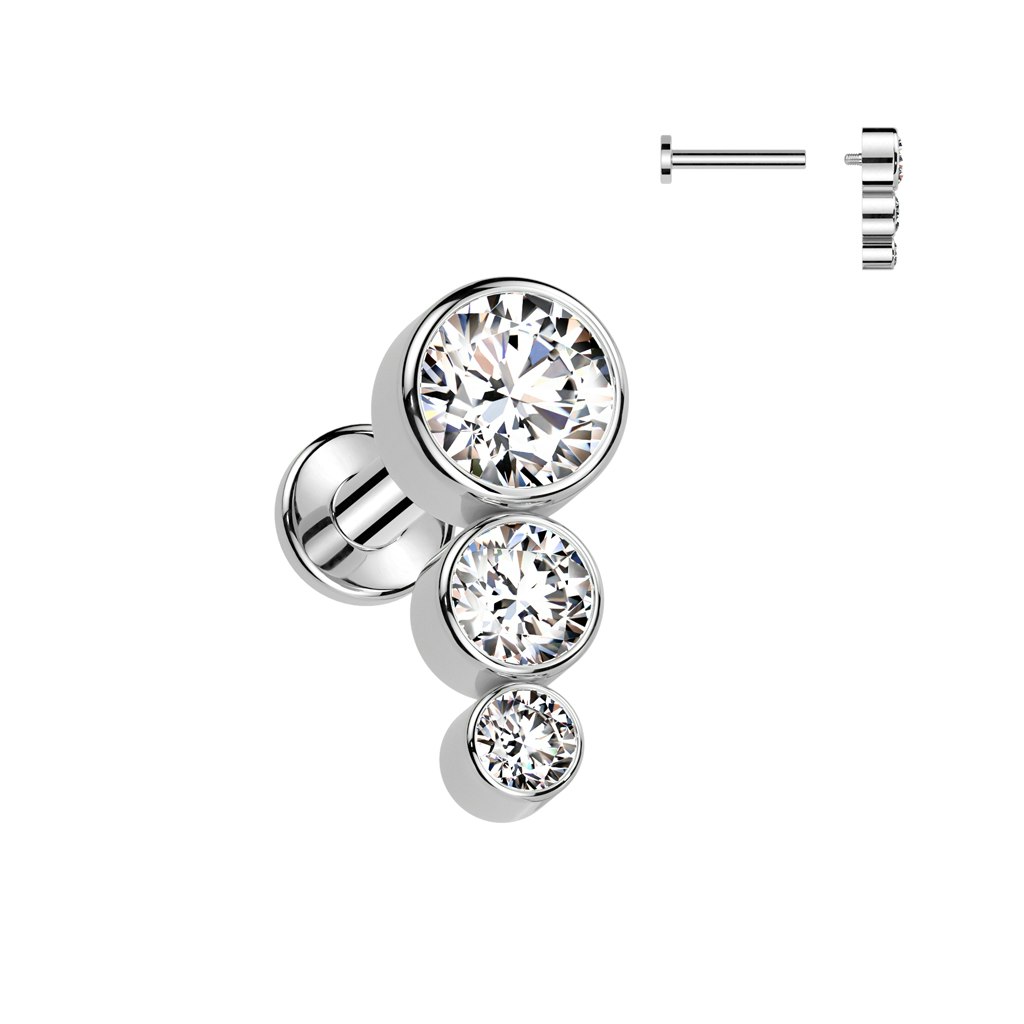 Labret / flat back piercing i titanium 1,2mm - Tre kubisk zirconia i ökande storlek