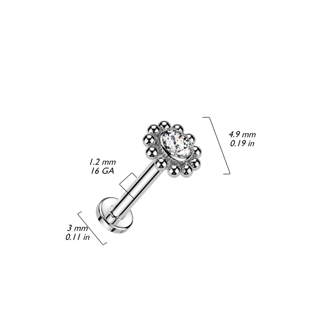 Labret / flat back piercing i titanium 1,2mm - Blomma med kubisk zirconia