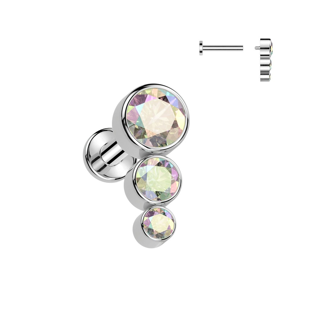 Labret / flat back piercing i titanium 1,2mm - Tre kubisk zirconia i ökande storlek