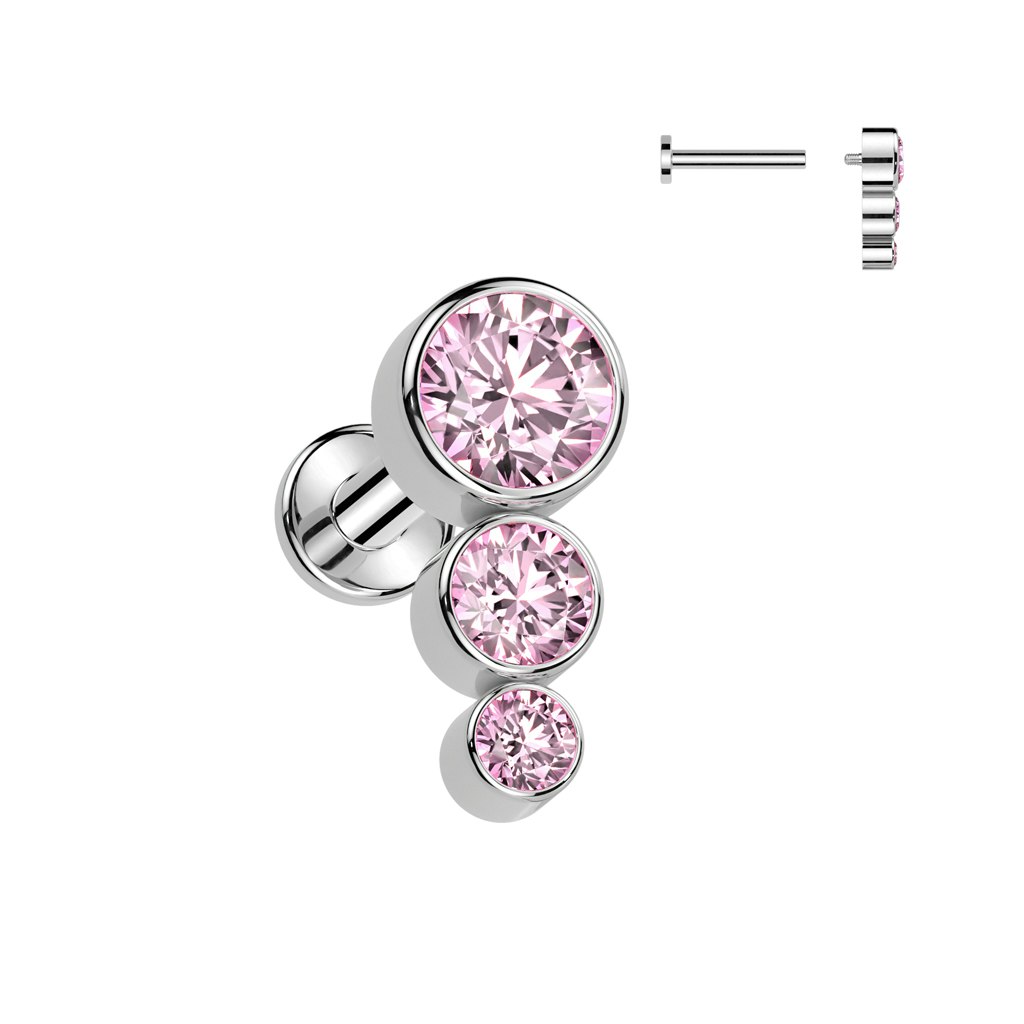 Labret / flat back piercing i titanium 1,2mm - Tre kubisk zirconia i ökande storlek