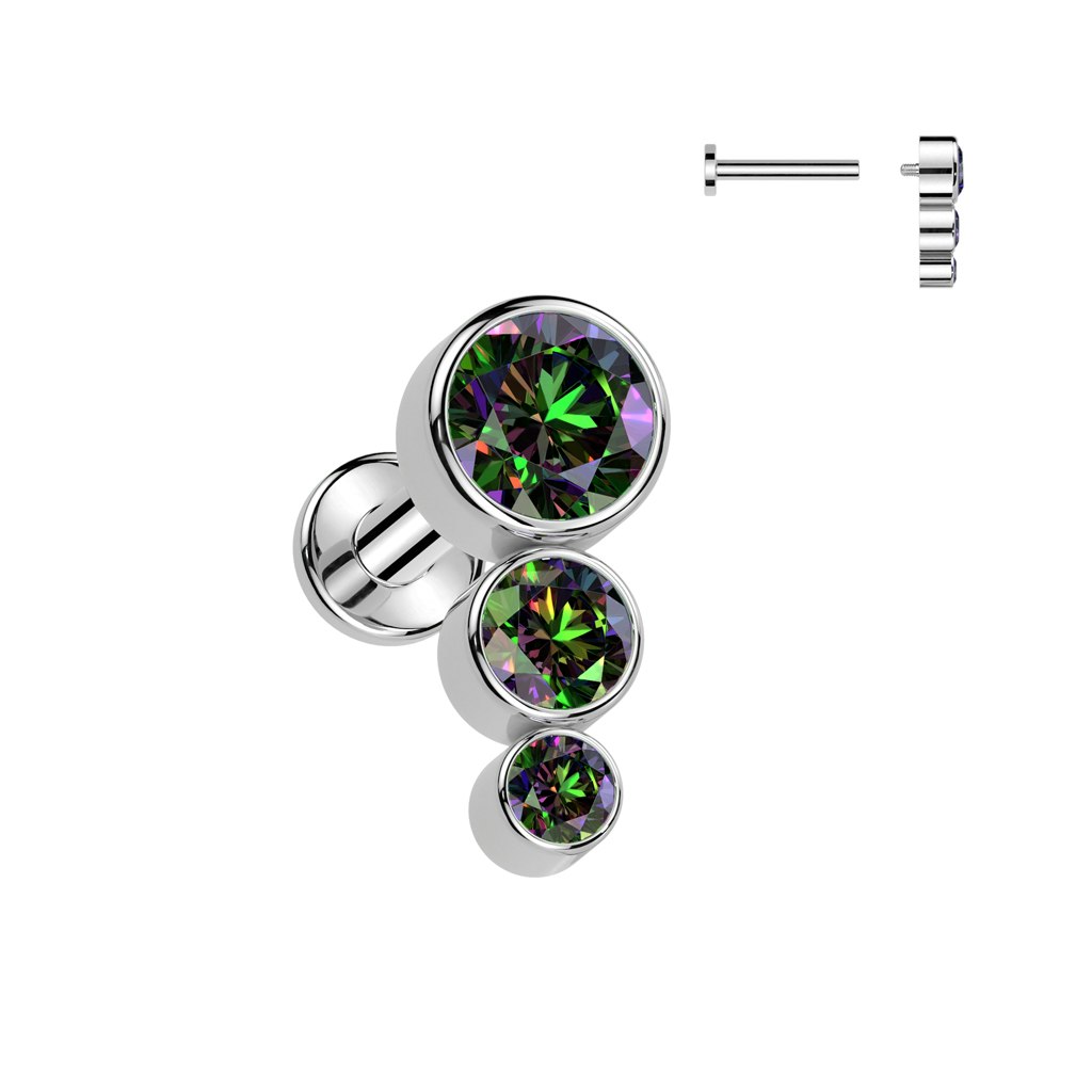Labret / flat back piercing i titanium 1,2mm - Tre kubisk zirconia i ökande storlek