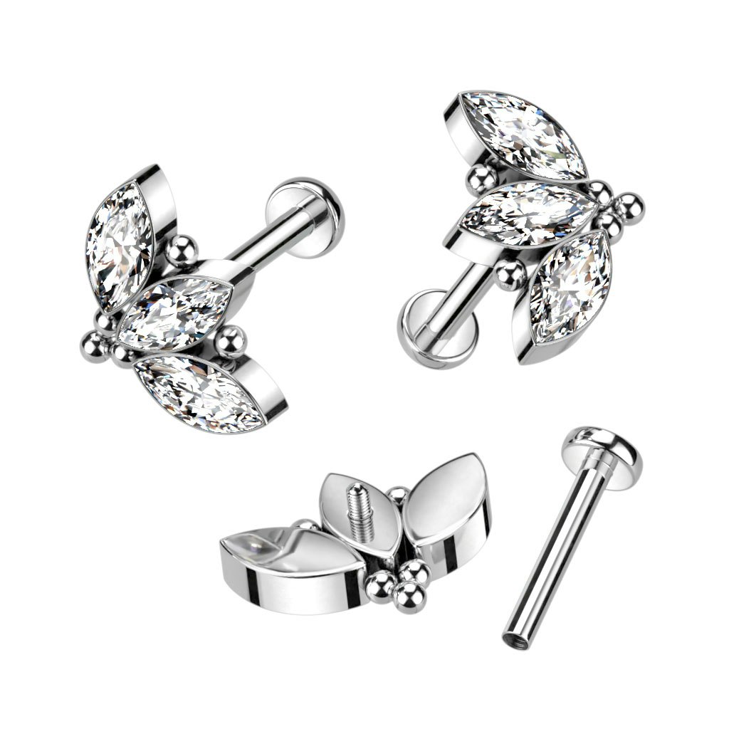 Labret / flat back piercing i titanium 1,2mm - Tre marquise kubisk zirconia och kulor